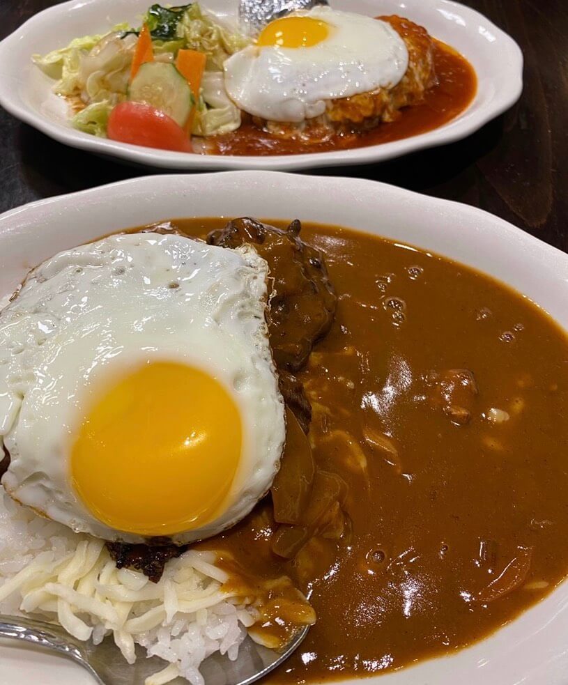Chicken katsu curry with egg and hamburg steak with egg from cafe mami in Cambridge MA