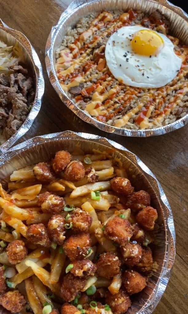 chicken poppers over fries and coreanos bowl in Boston's Allston