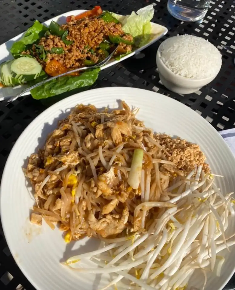 Thai food in Boston, including country style pad thai and chicken gra pow