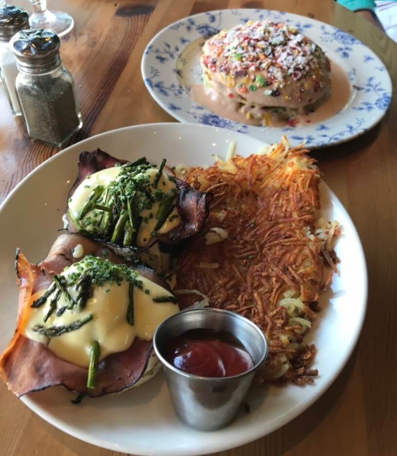 Fruity Pebble pancakes and eggs benedict from Lincoln Tavern & Restaurant in South Boston