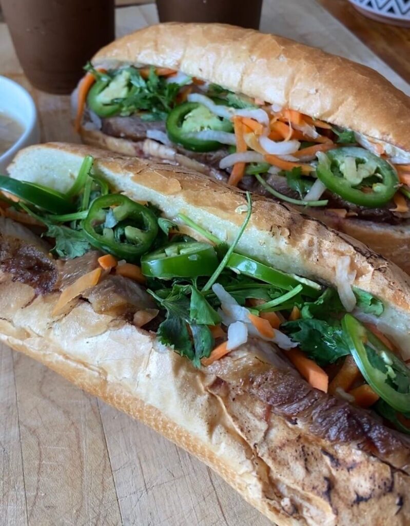 Close up of beef banh mi from banh mi huong que in Boston's Chinatown