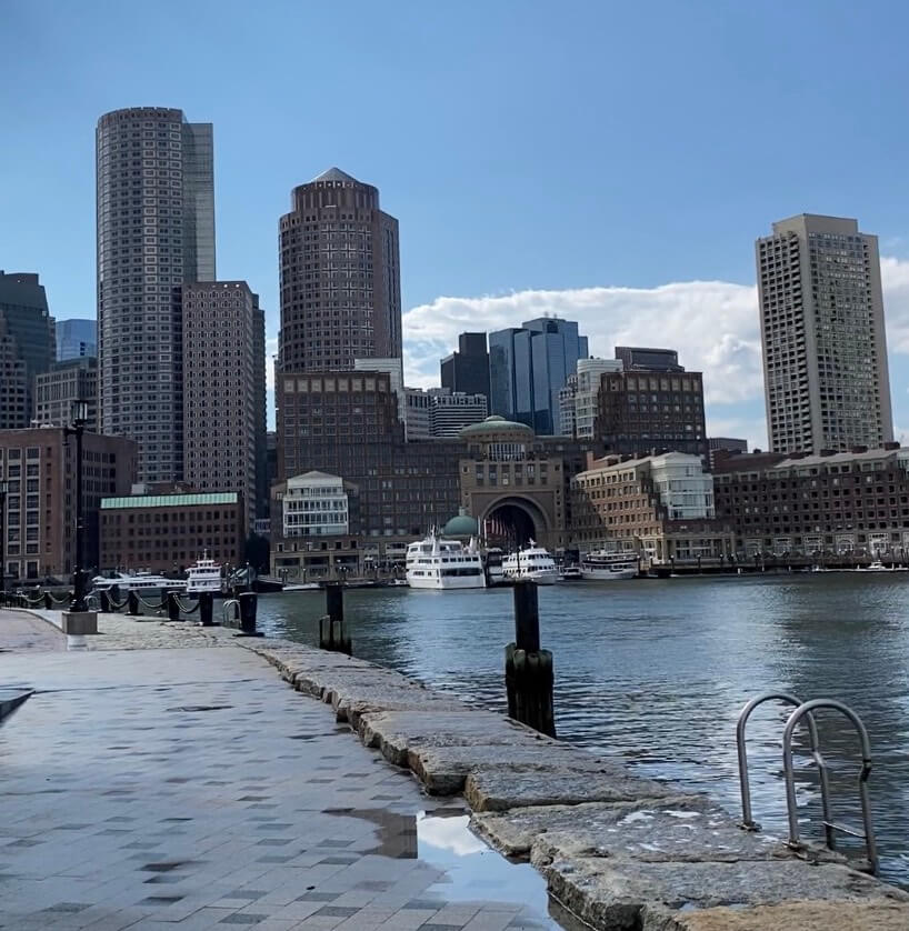 Boston skyline at fan pier park, one of the best free things to do in Boston